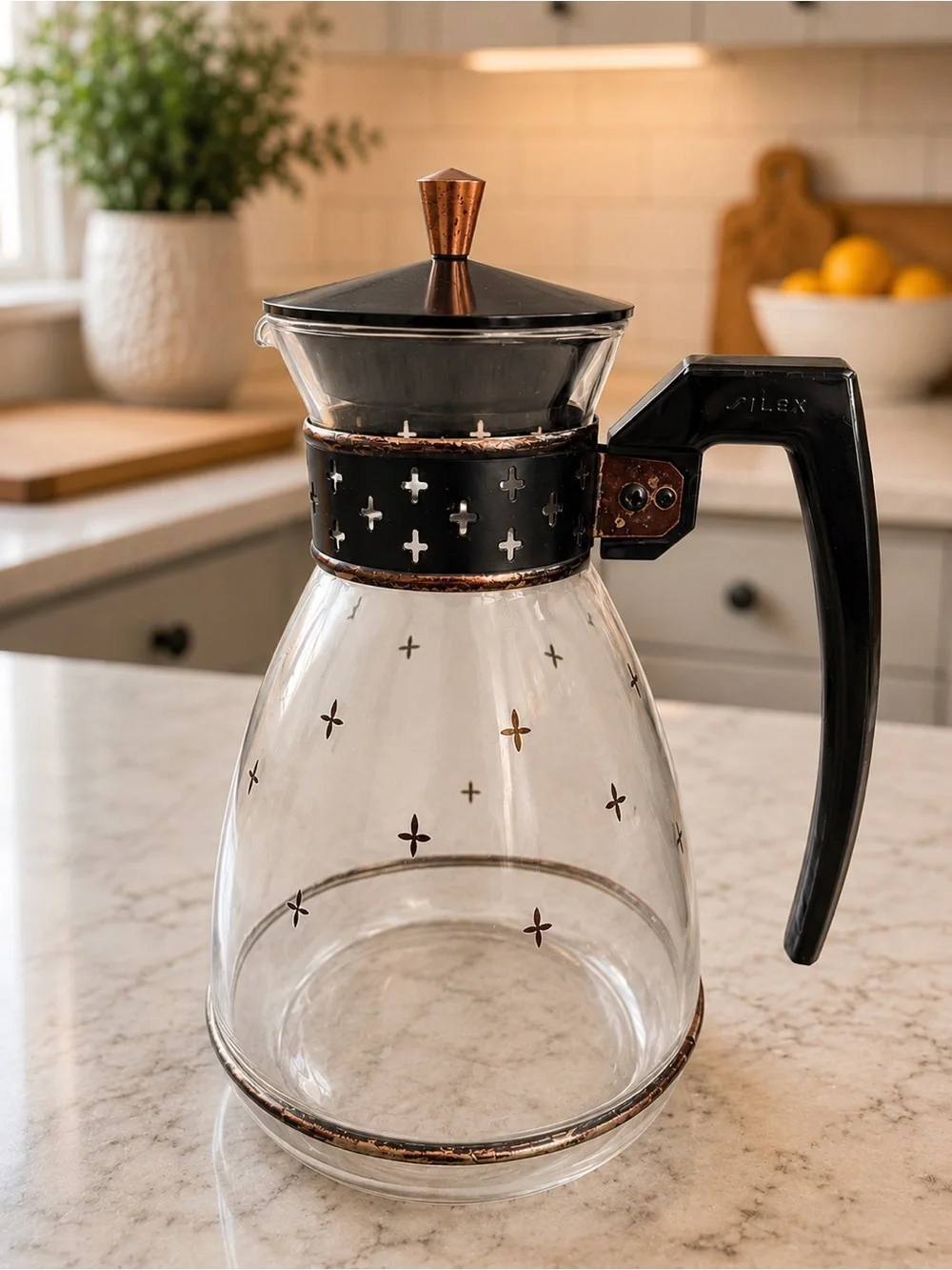 Pyrex Glass Coffee Carafe with Black Handle and Copper Accents